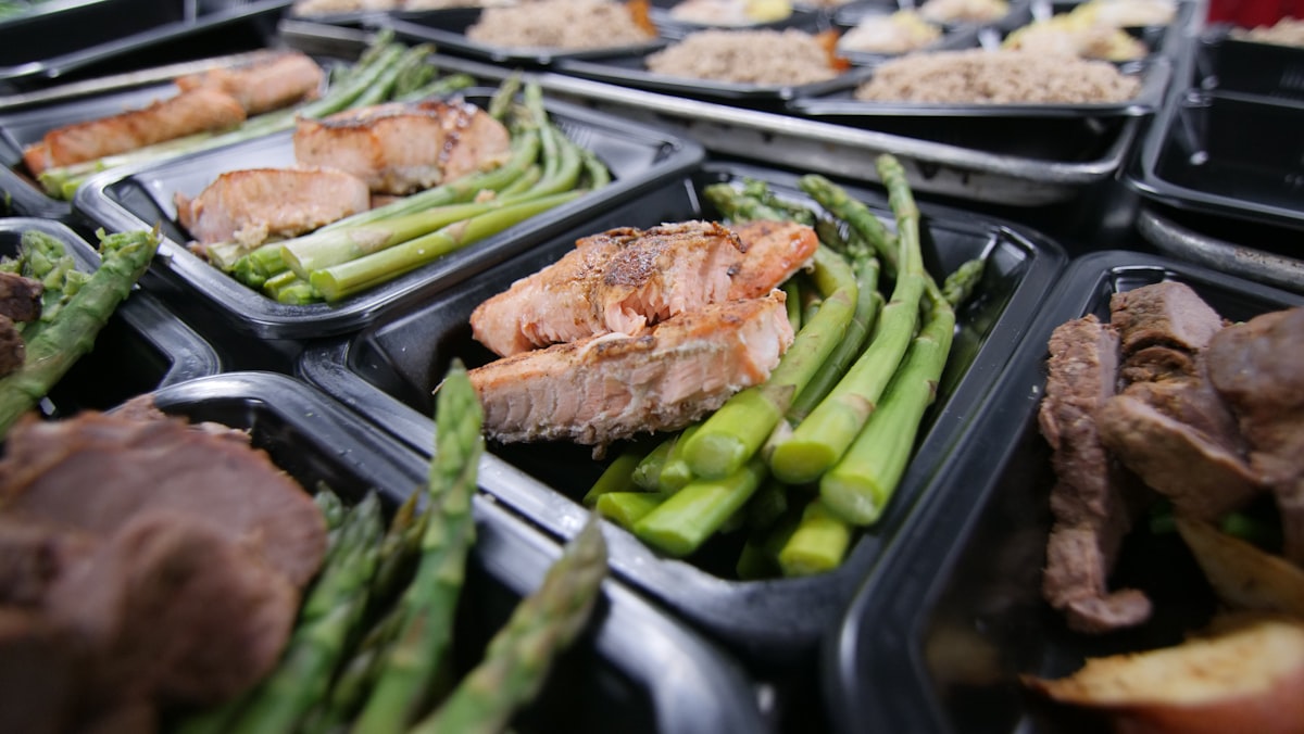Organized meal prep containers with fresh vegetables and proteins